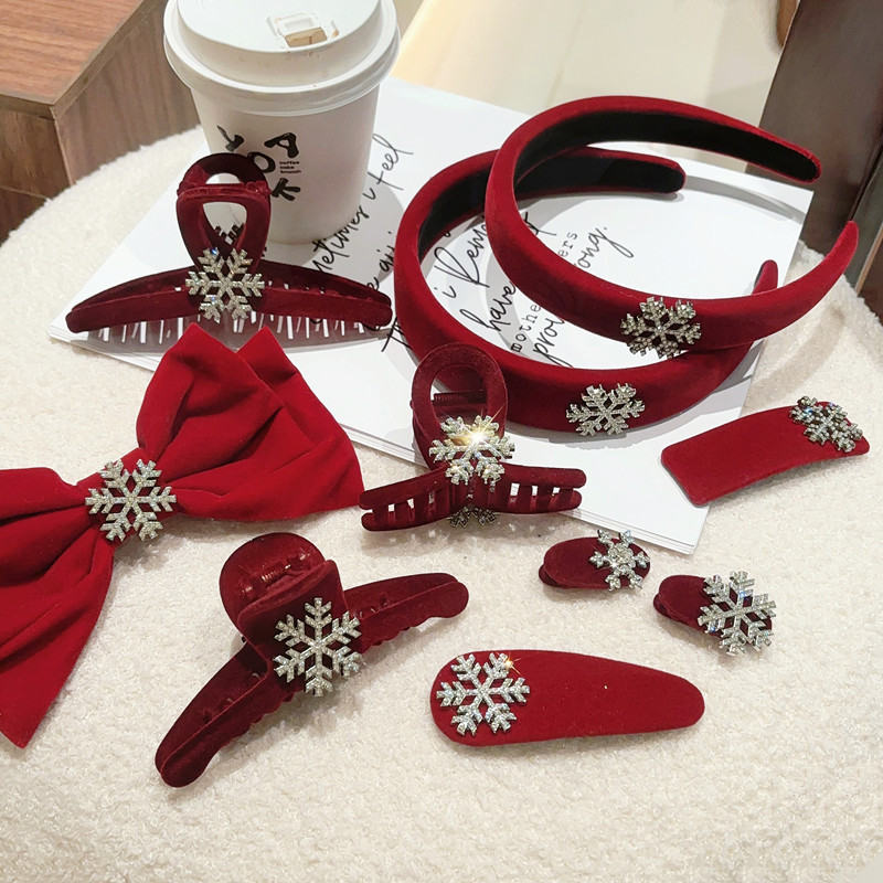 新年红雪花系列~红色丝绒发夹气质百搭秋冬发箍新年抓夹B B夹发饰