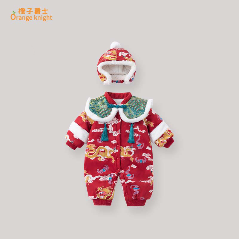 小月龄男女宝宝冬季夹棉加绒衣服新中式国风长袖连体衣拜年礼服