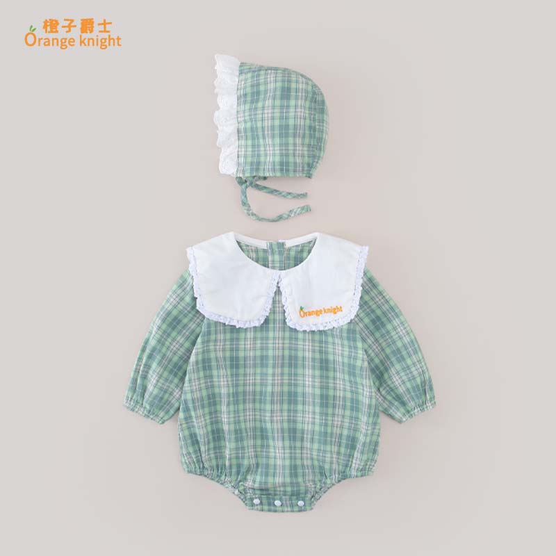 女宝宝韩版外出连体衣春秋季新款衣服甜美洋气格子翻领长袖包屁衣