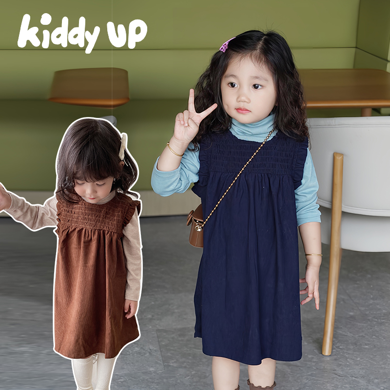 【浅秋】秋款女童韩系灯芯绒连衣裙打缆飞袖春秋小众洋气套装裙