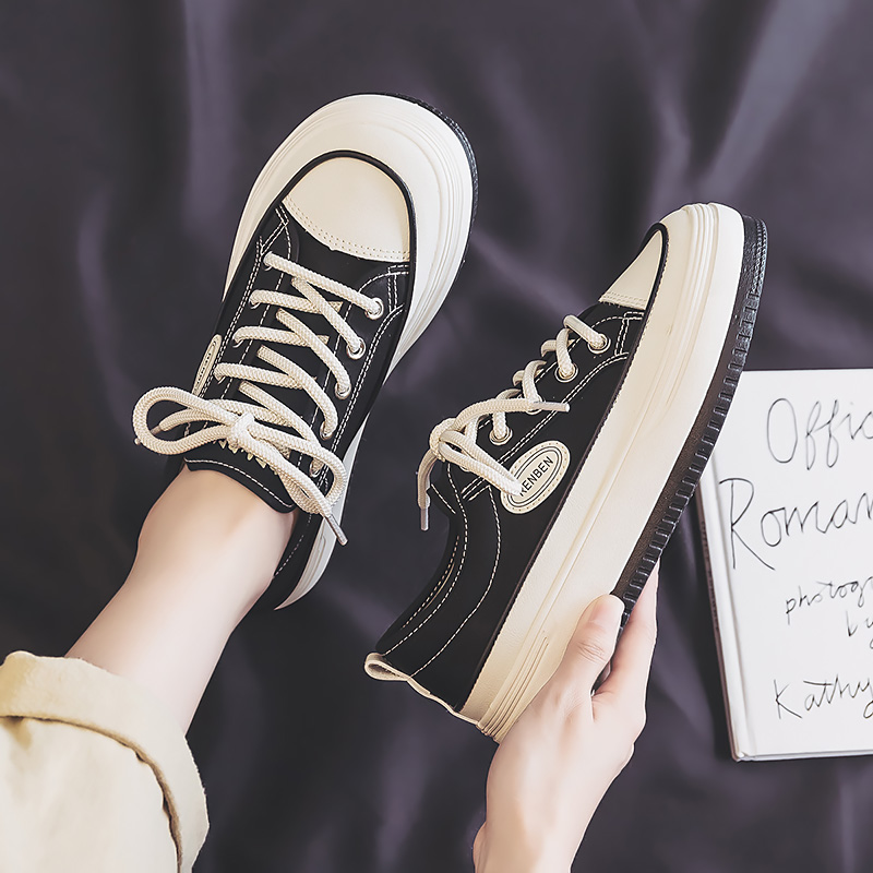 人本帆布鞋女2025年休闲百搭黑色厚底鞋秋季ins低帮运动板鞋春季