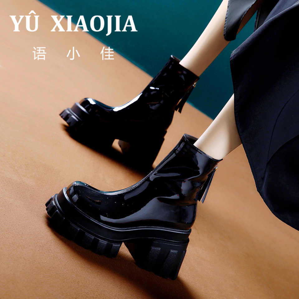 8CM[已经开价]松糕厚底高跟靴女春秋季时尚方头粗跟短靴子A1595-8