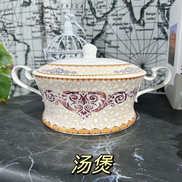【英国贝壳汤煲】出口英国轻奢大容量家用骨瓷餐具双耳带盖汤碗