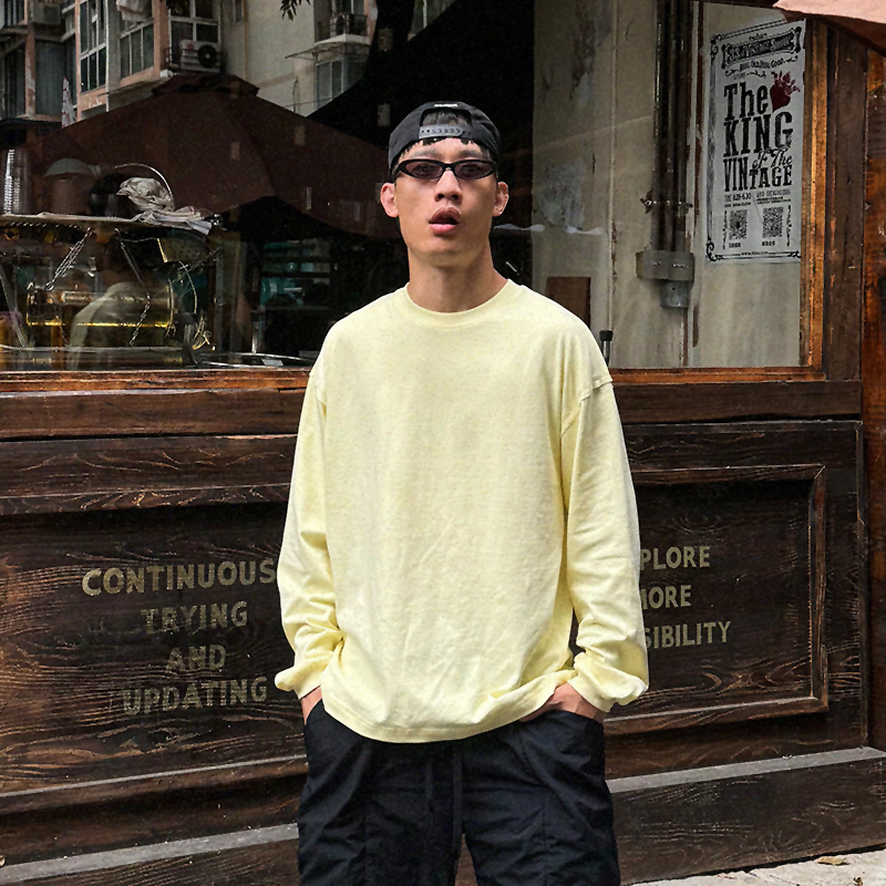 oarism 散边结构分割长T日系男女宽松纯棉纯色圆领休闲打底长袖