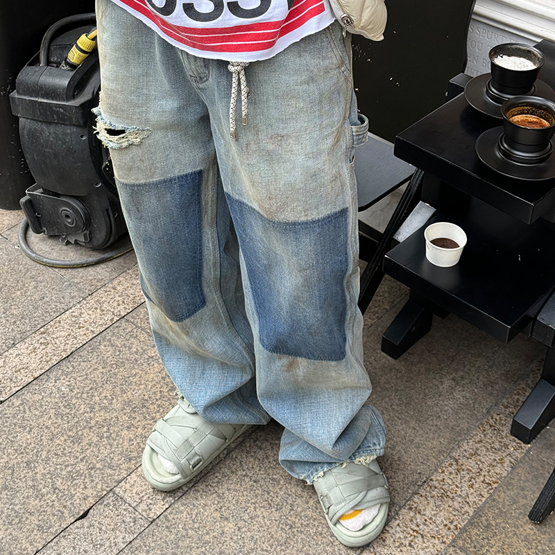 oarism 做脏破坏洗水牛仔裤男女开业限定破洞宽松休闲直筒长裤