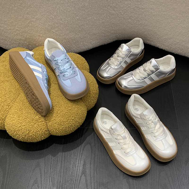 【小方头双杠设计德训鞋】2024春夏新品休闲百搭平底小白鞋厚底女鞋