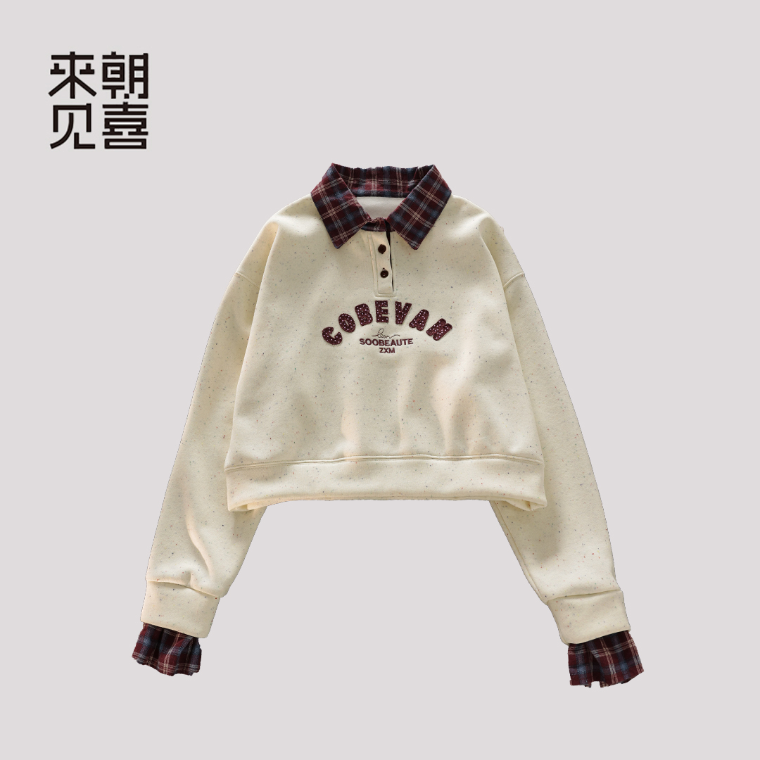 奶杏假两件外套设计感红格韩版洋气小众不撞衫复古秋冬显瘦369