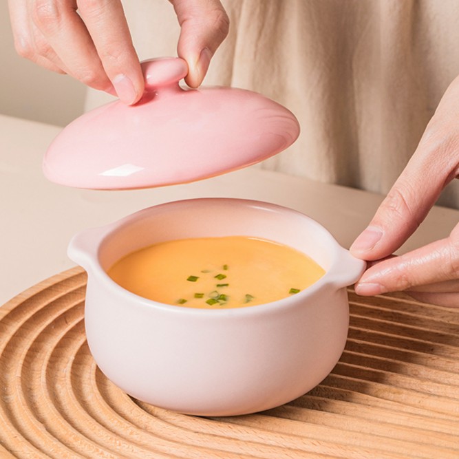 ezicok 陶瓷蒸蛋碗带盖双耳宝宝辅食碗 【哑光釉不能用铁勺】