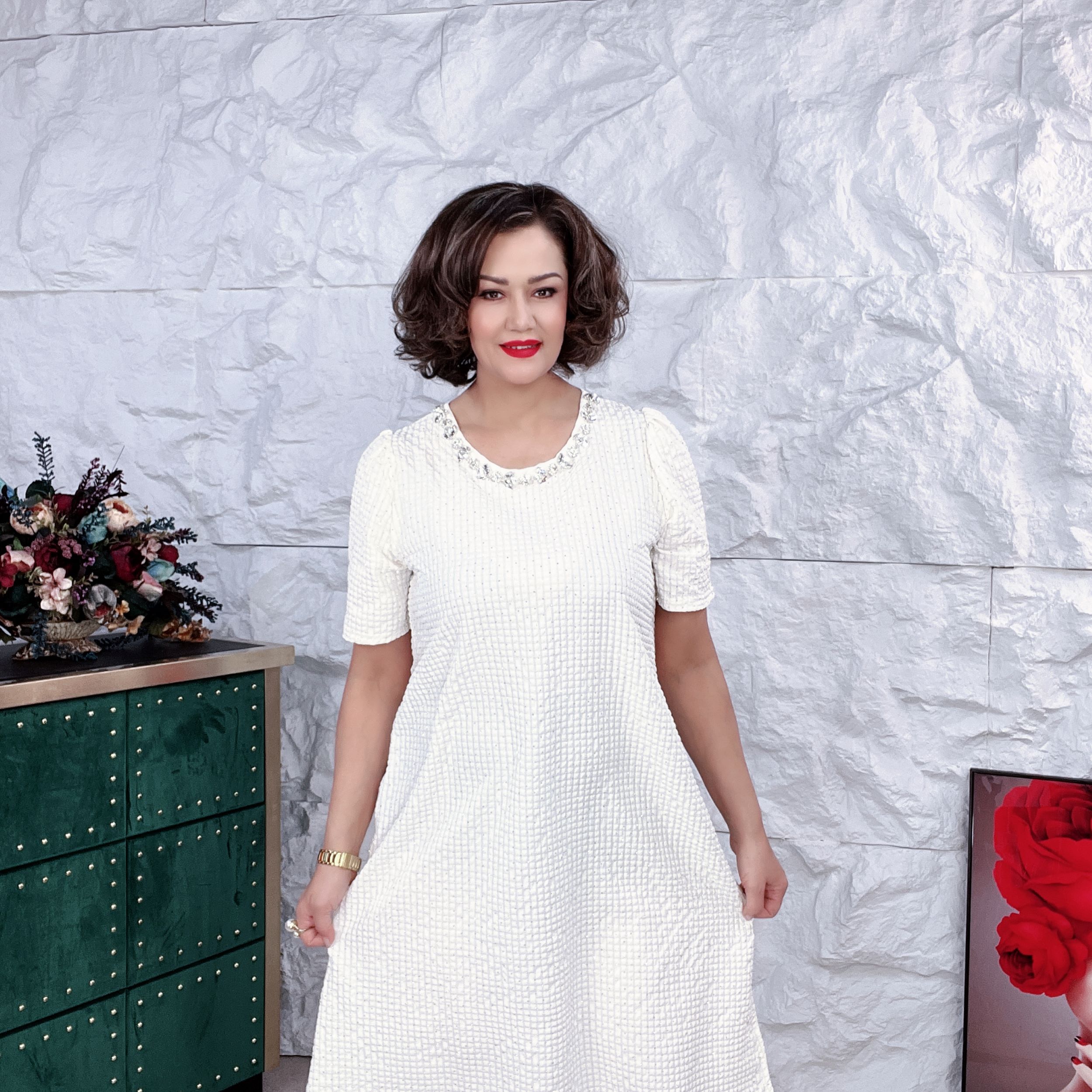 【包邮】亮钻圆领短袖中长款连衣裙小众设计洋气名媛风淑女裙#1296