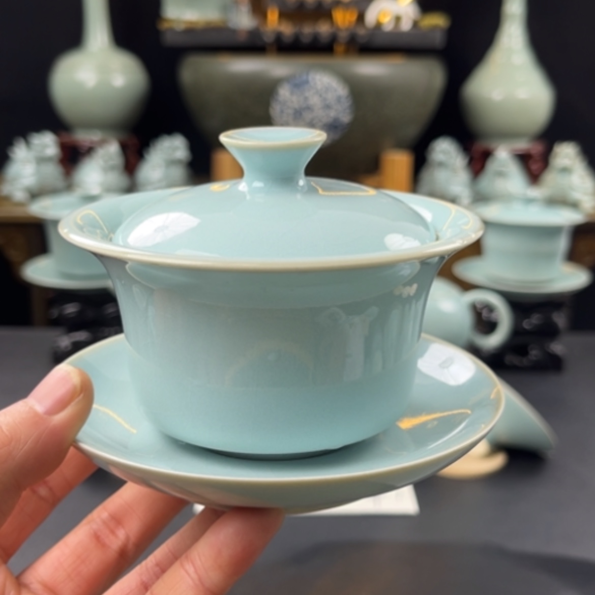 【闪购商品】瓷杯天青马蹄盖碗