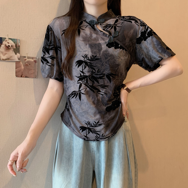 大码女装胖mm夏装新款2024新中式国风盘扣T恤网纱不规则小众上衣