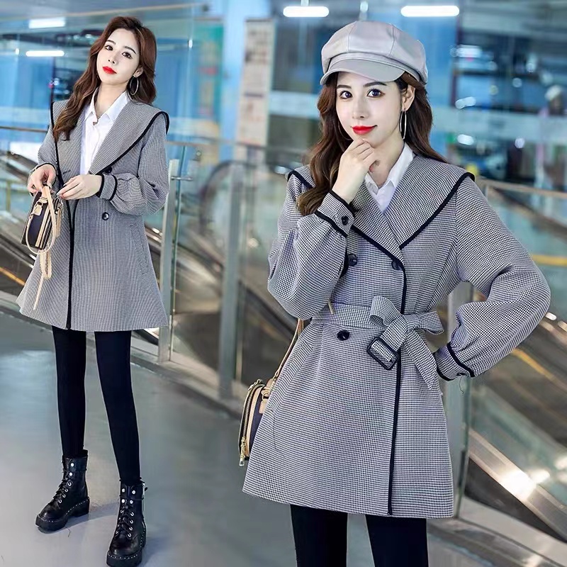 春秋英伦风千鸟格气质小个子风衣外套8803#【衣长80左右】