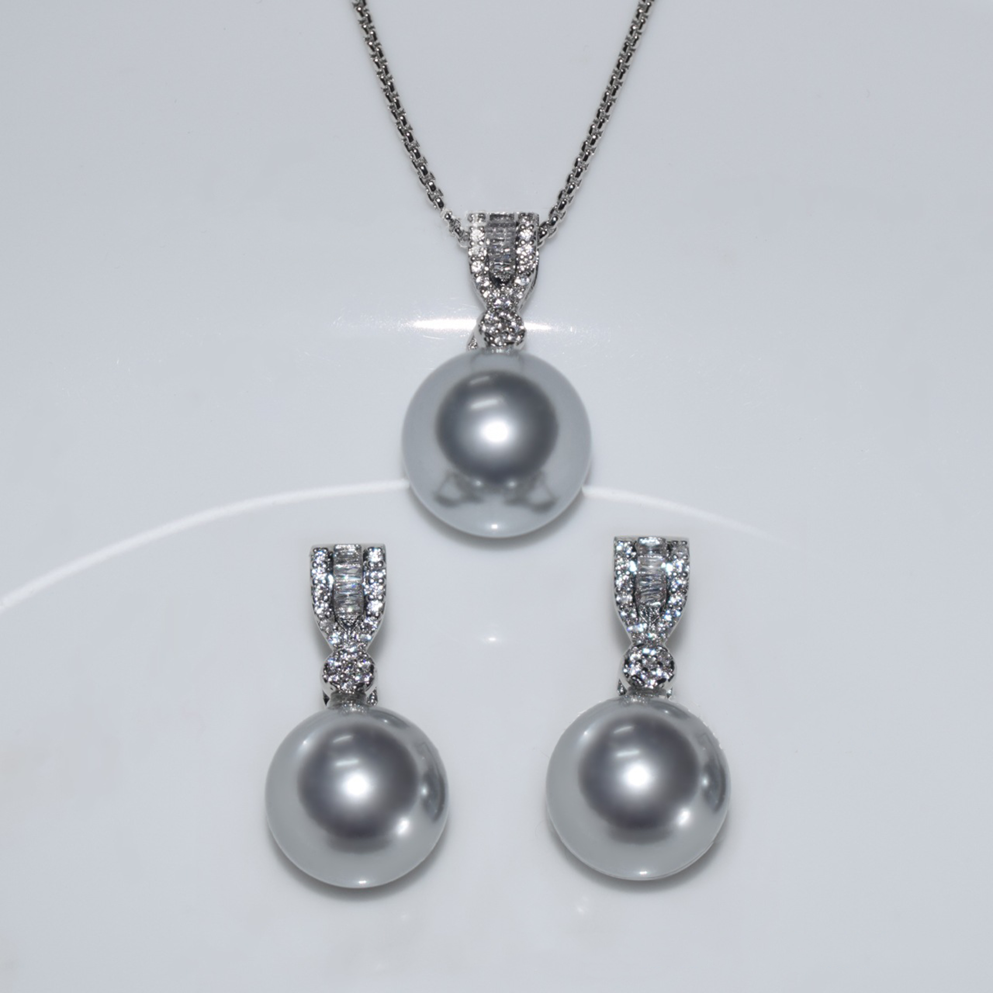 合金仿珍珠吊坠 高级灰色时尚高奢气质吊坠耳坠套装F012