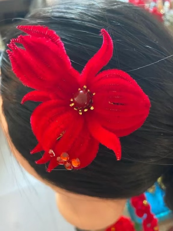 非遗绒花福寿三多/过年带红绒花发夹天然蚕丝红绒花纯手工制作