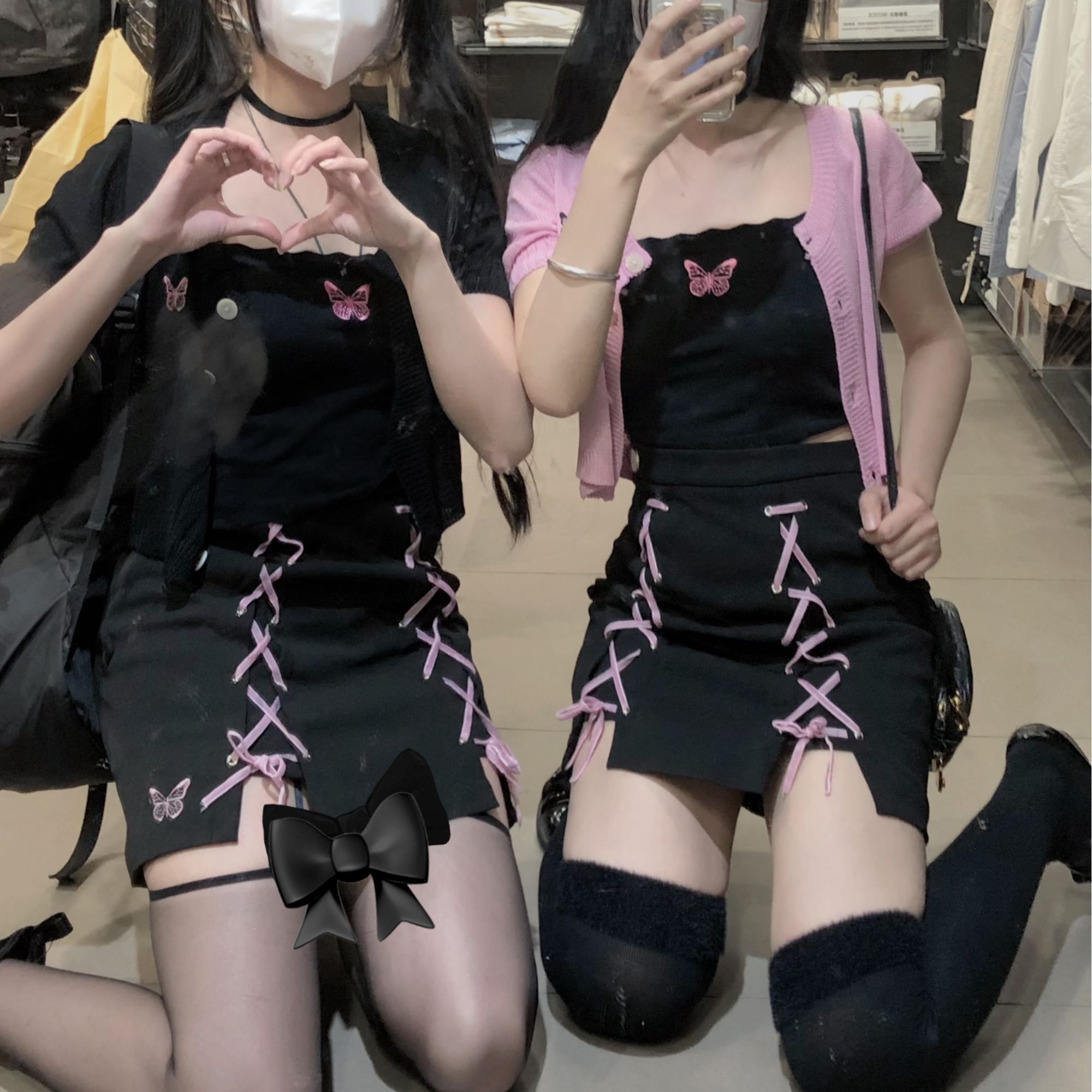 【售完绝版】黑粉辣妹三件套吊带坎肩纯欲半身裙拼接刺绣春夏