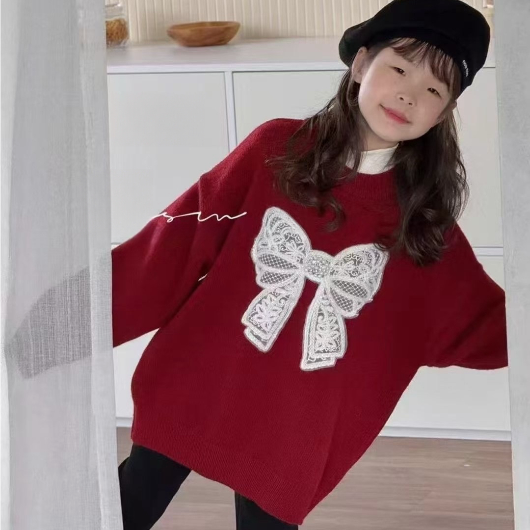 【苏舒童装】秋冬季女童新款亲子同款蕾丝蝴蝶结时尚套头毛衣12113