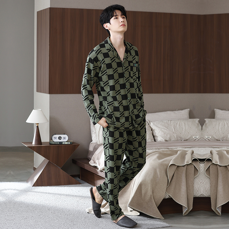 睡衣男春秋新款纯棉长袖长裤格子休闲家居服2024年宽松可外穿套装