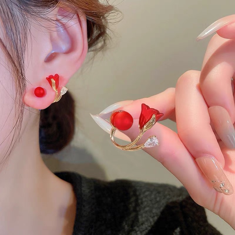 锌合金耳饰 一款两戴红色玫瑰花珠珠耳钉轻奢网红高级感优雅耳饰