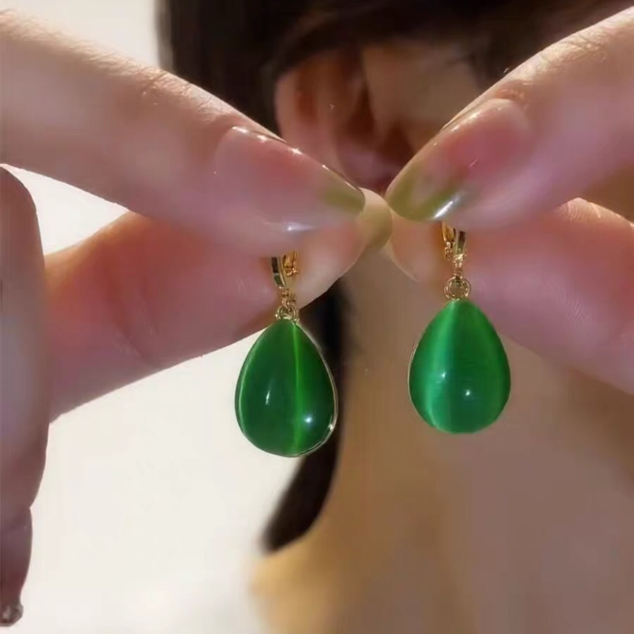 锌合金耳饰 绿色水滴双面喵喵石耳环女新款气质简约小众设计耳饰