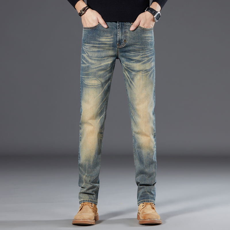 高端复古蓝牛仔裤男士潮流时尚百搭春秋小直筒