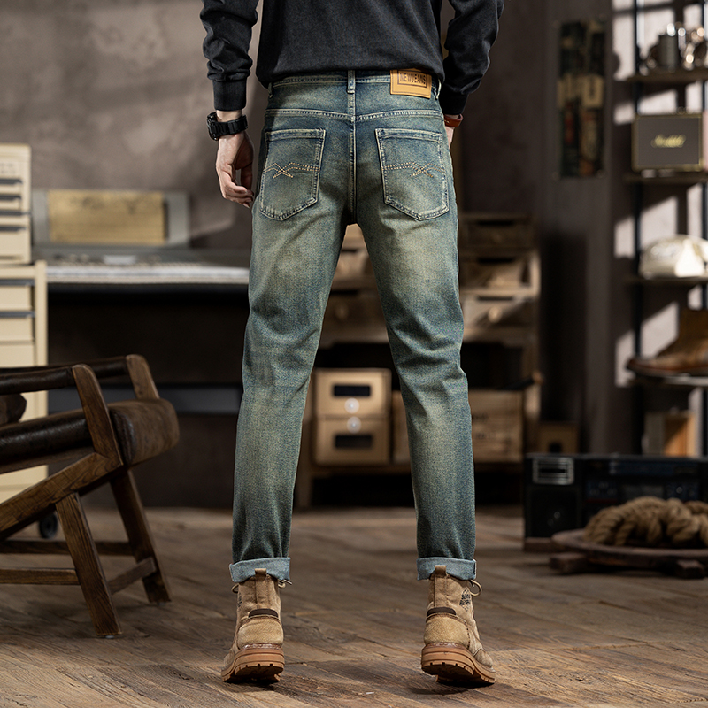 春季复古蓝牛仔裤男士怀旧潮流百搭修身裤弹力