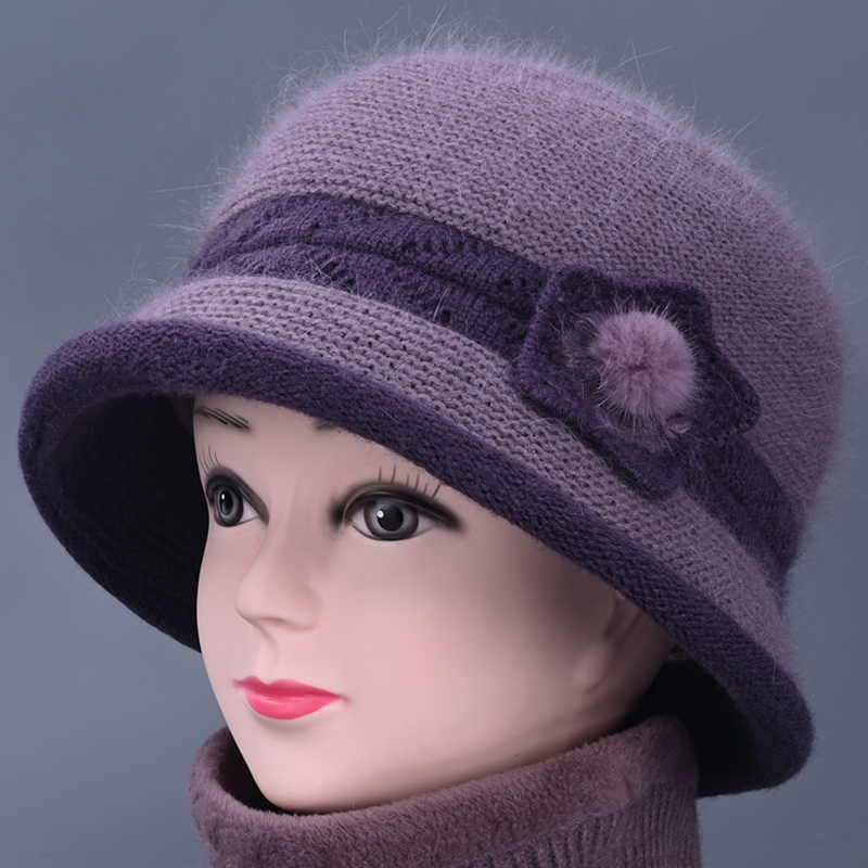 毛线针织帽冬季妈妈帽加绒盆帽新款兔毛休闲风雪帽保暖棉帽包头帽