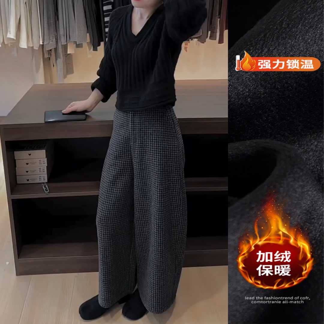 景倩妮韩系百搭毛呢格子裤2025年秋新款加绒高腰显瘦九分阔腿裤