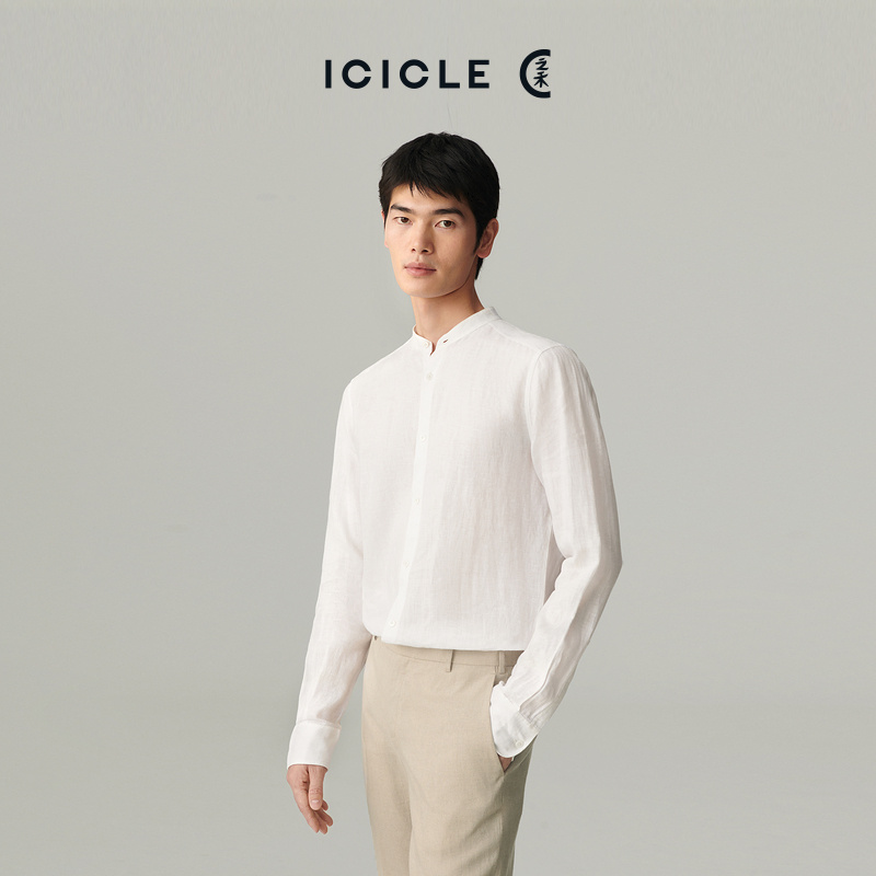 ICICLE之禾男装夏季亚麻平纹直身立领休闲男式长袖衬衫