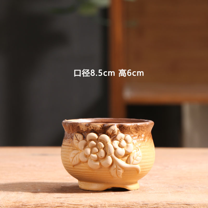 双色拇指盆黄色多肉花盆陶瓷特价家用阳台陶土粗陶控根小陶盆清仓