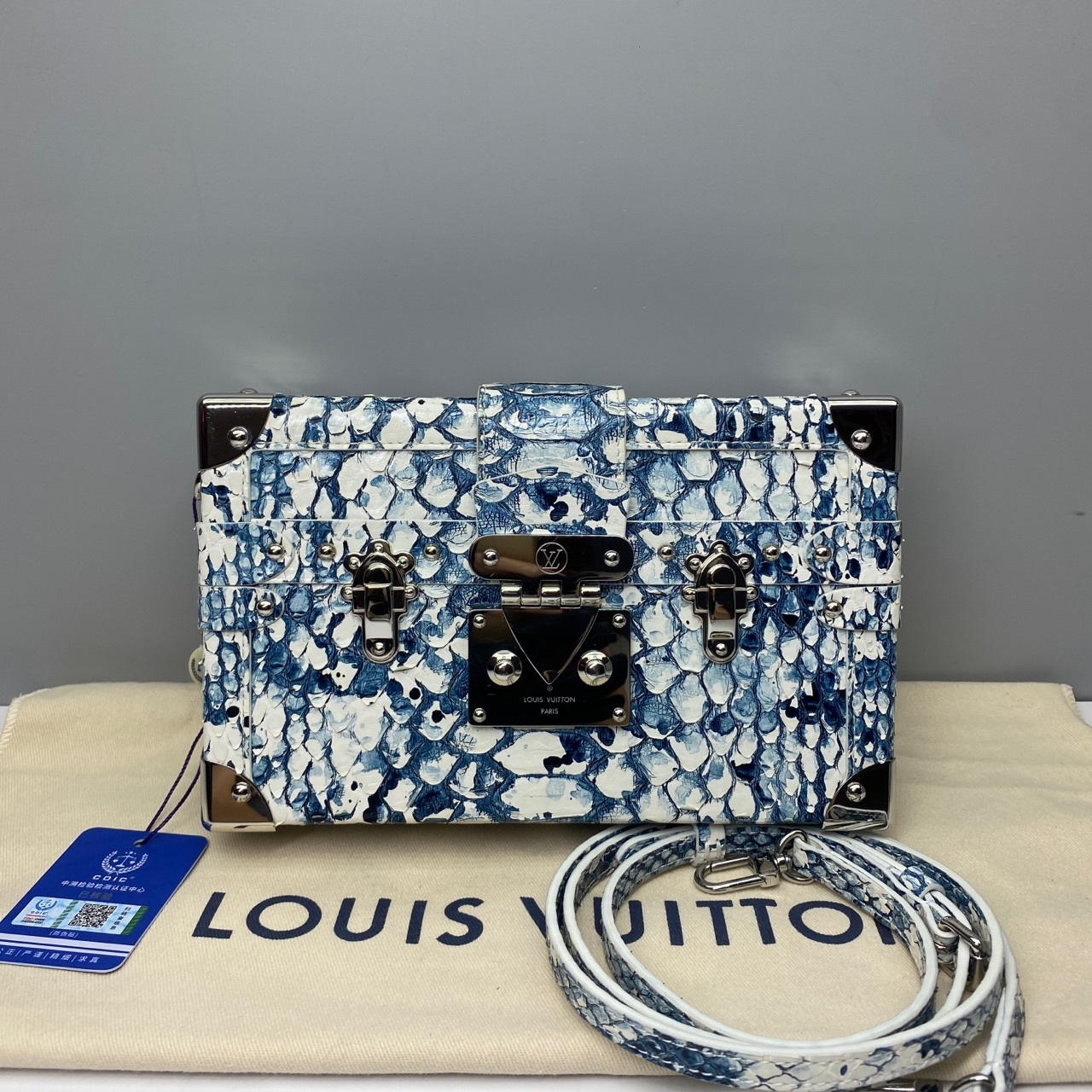 99新 LV 限量9354牛仔蓝色稀有皮蟒蛇皮硬盒子硬箱子单肩包斜挎包