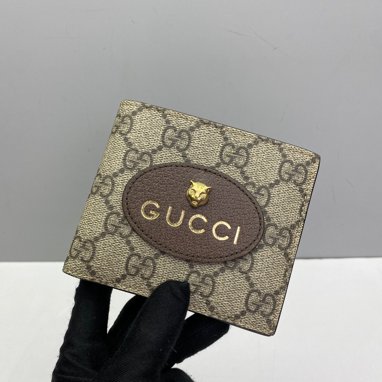 99新 GUCCI/古驰 99新 2484老花虎头对折短钱包 男士时尚短款双面