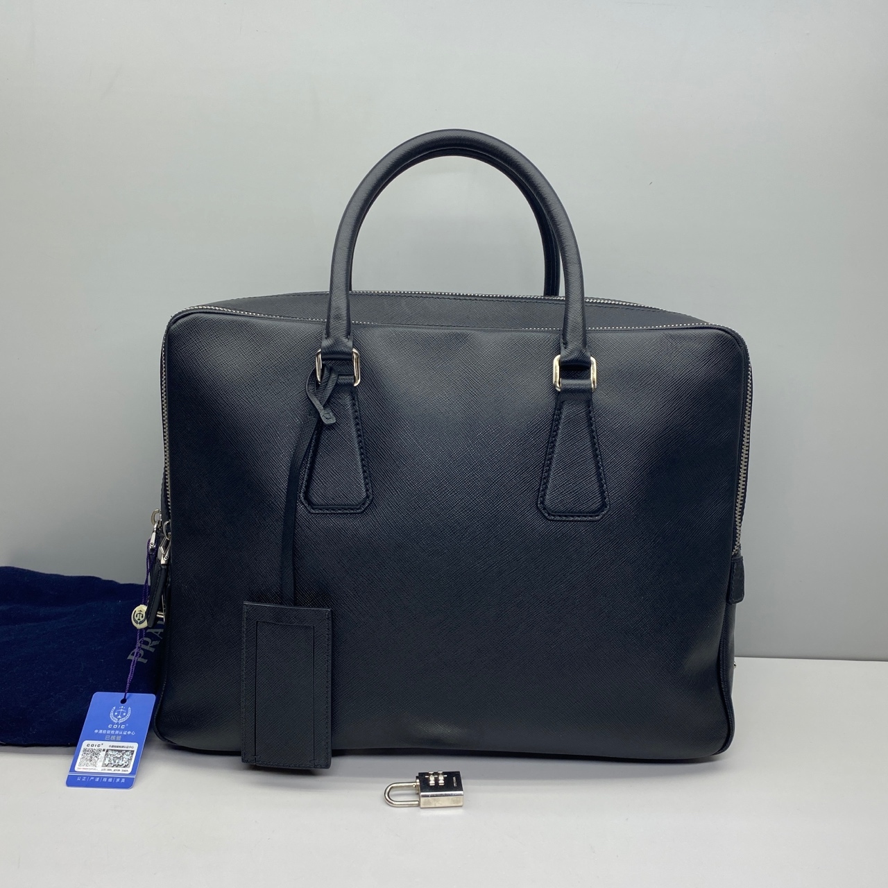 97新Prada普拉达黑色十字纹9320双层男士公文包手提包