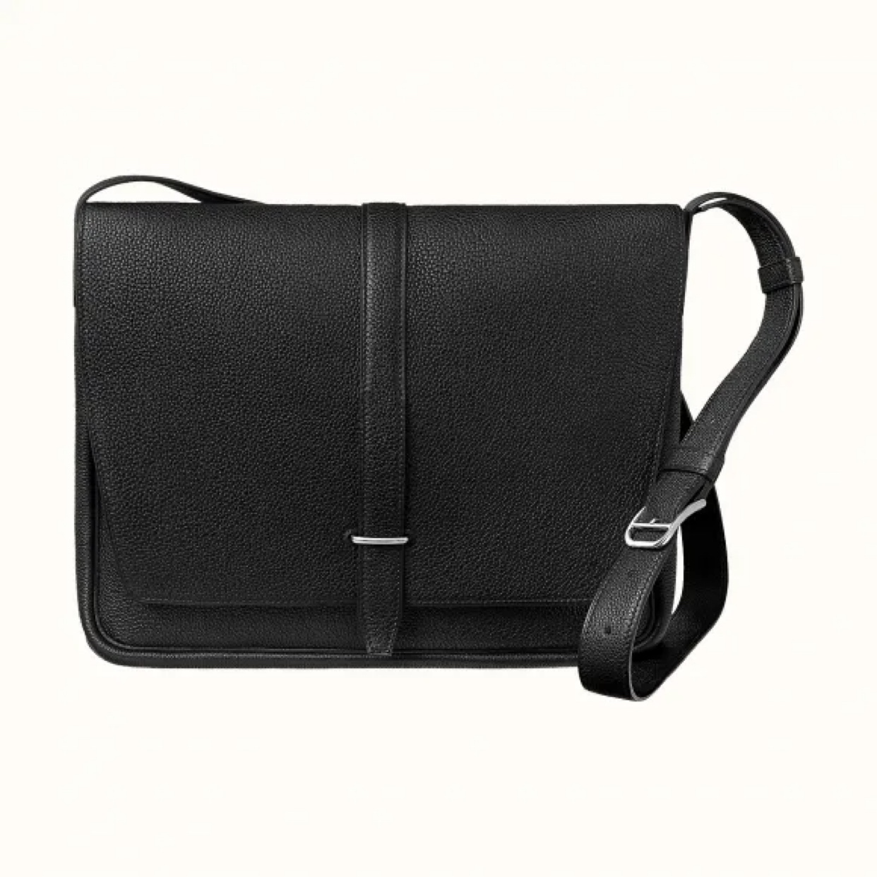 99新 Hermes/爱马仕 Steve黑色牛皮1815翻盖单扣男士邮差包斜挎包