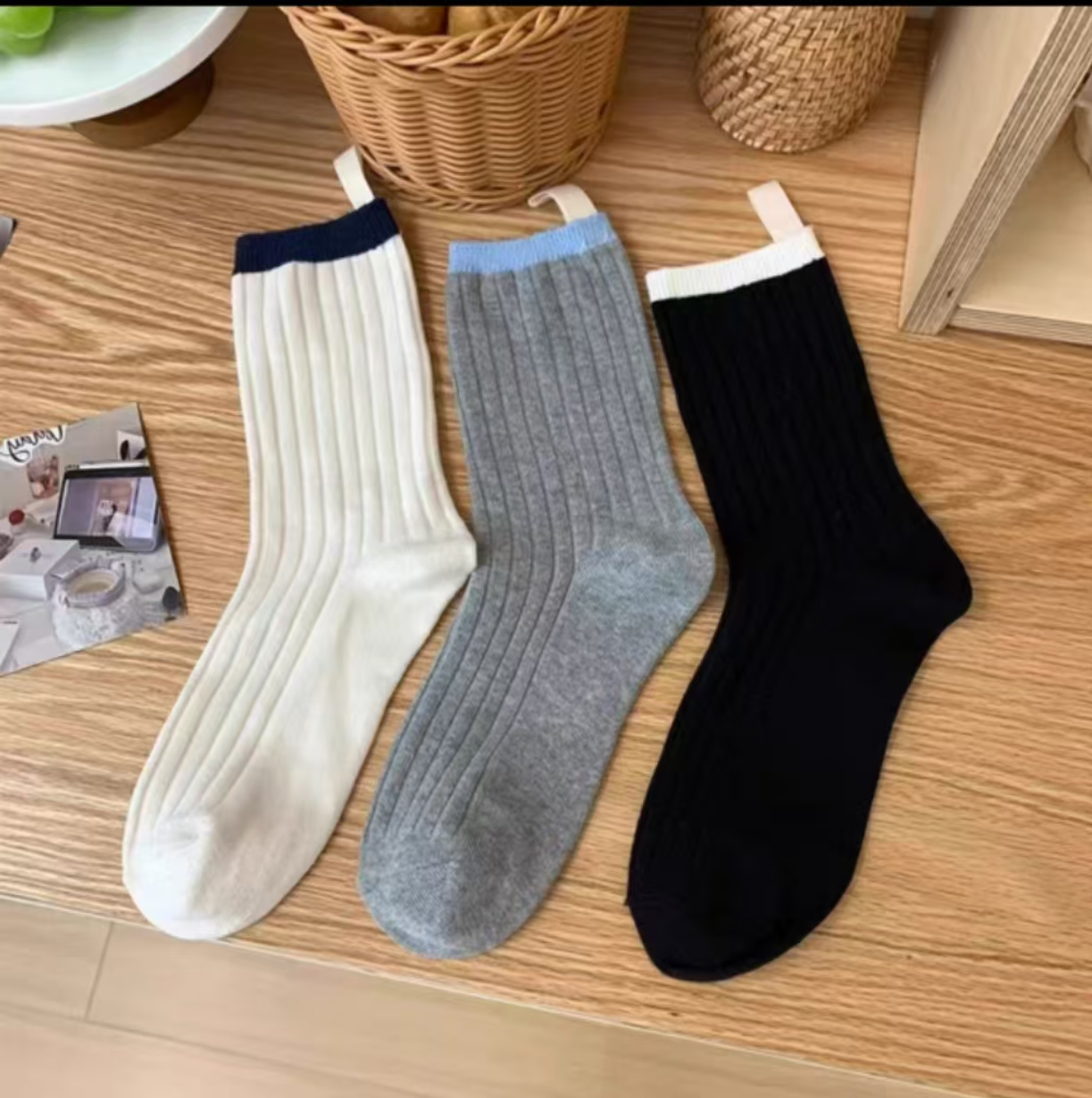袜子秋冬新款双针拼色布标袜男女ins潮流小众百搭袜中筒袜