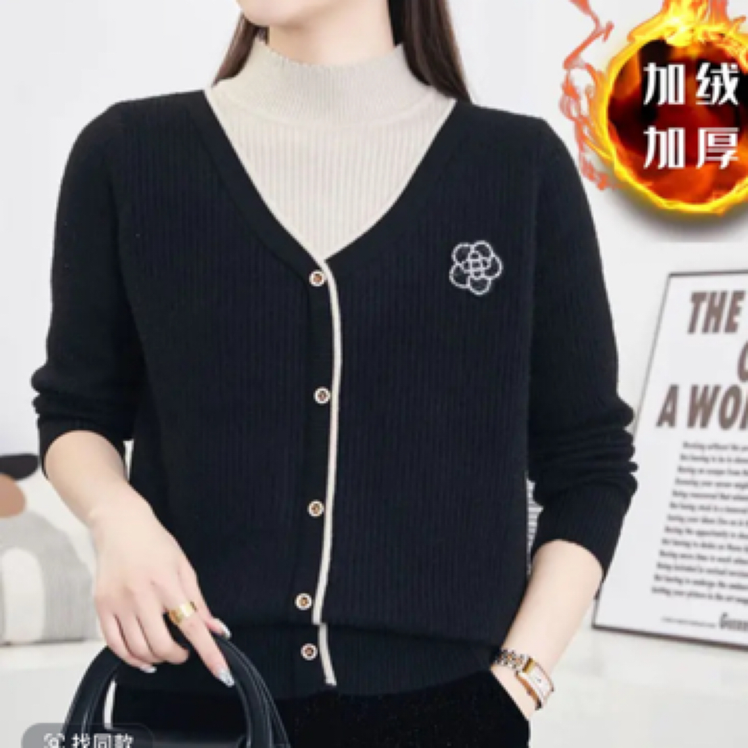 黑色【山茶花假两件一体绒】新款洋气时尚加绒保暖针织假两件毛衣