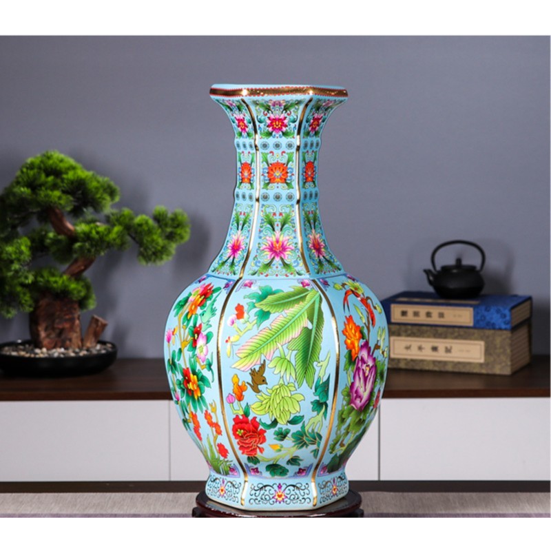 景德镇陶瓷花瓶客厅电视柜摆件掐丝珐琅彩天空蓝六方瓶