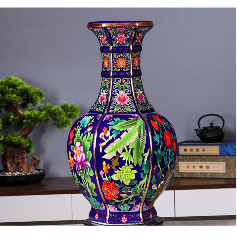 景德镇陶瓷客厅博古架摆件掐丝珐琅彩霁蓝六方瓶