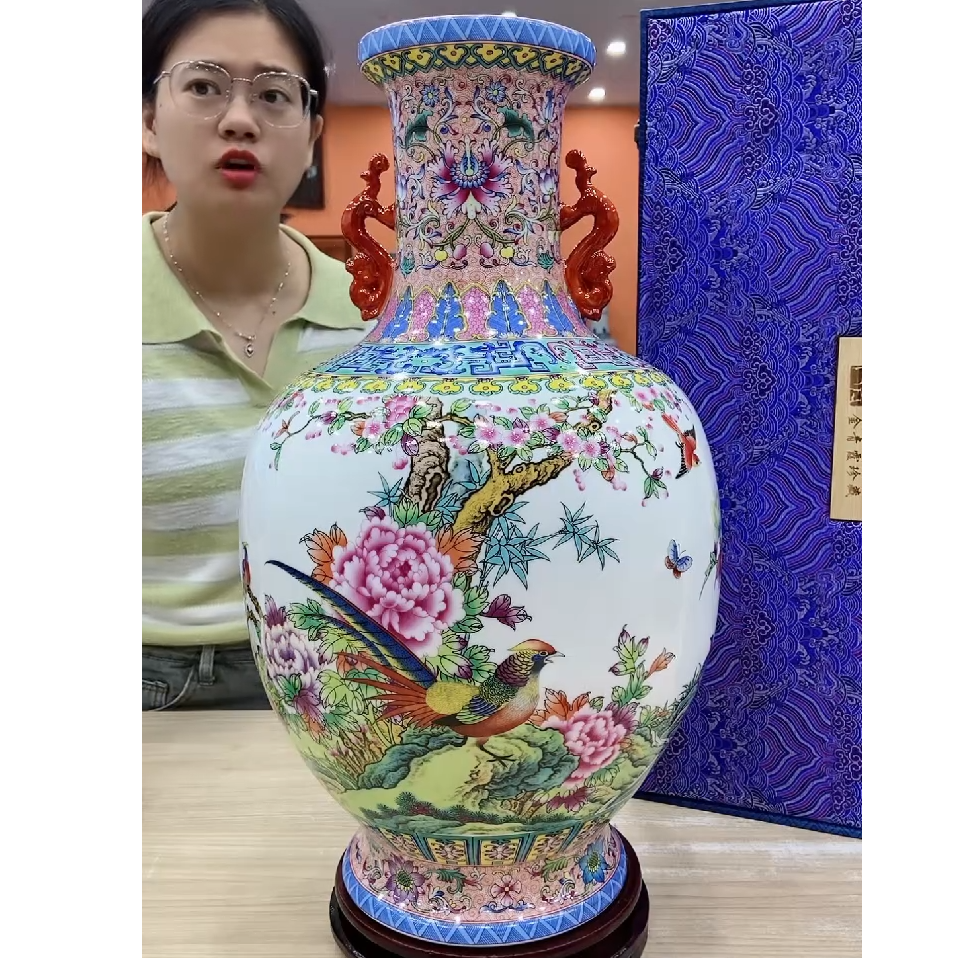 景德镇陶瓷花瓶客厅电视柜摆件花开富贵双耳尊