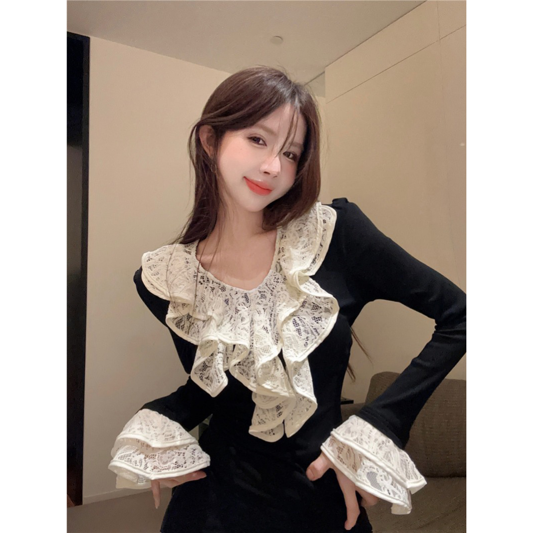 小香风喇叭袖荷叶边衬衫女秋冬法式娃娃领宫廷上衣蕾丝打底衫内搭