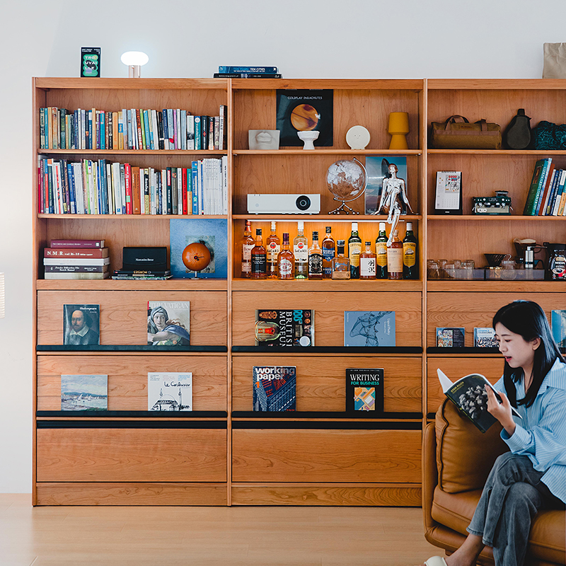 木邻满墙书柜简约风樱桃木实木格子书架客厅落地式书橱书架原木风
