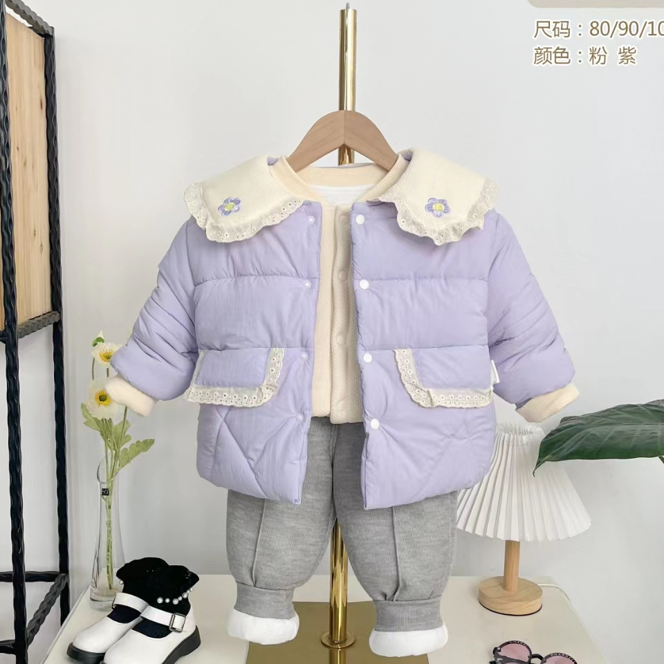 实体店分体加棉冬季双袖加厚三件套女宝宝外出服套装女童冬款保暖