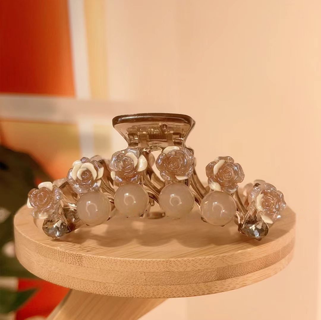 C1037新款波浪玫瑰花珠珠抓夹8cm时尚轻奢发夹头饰