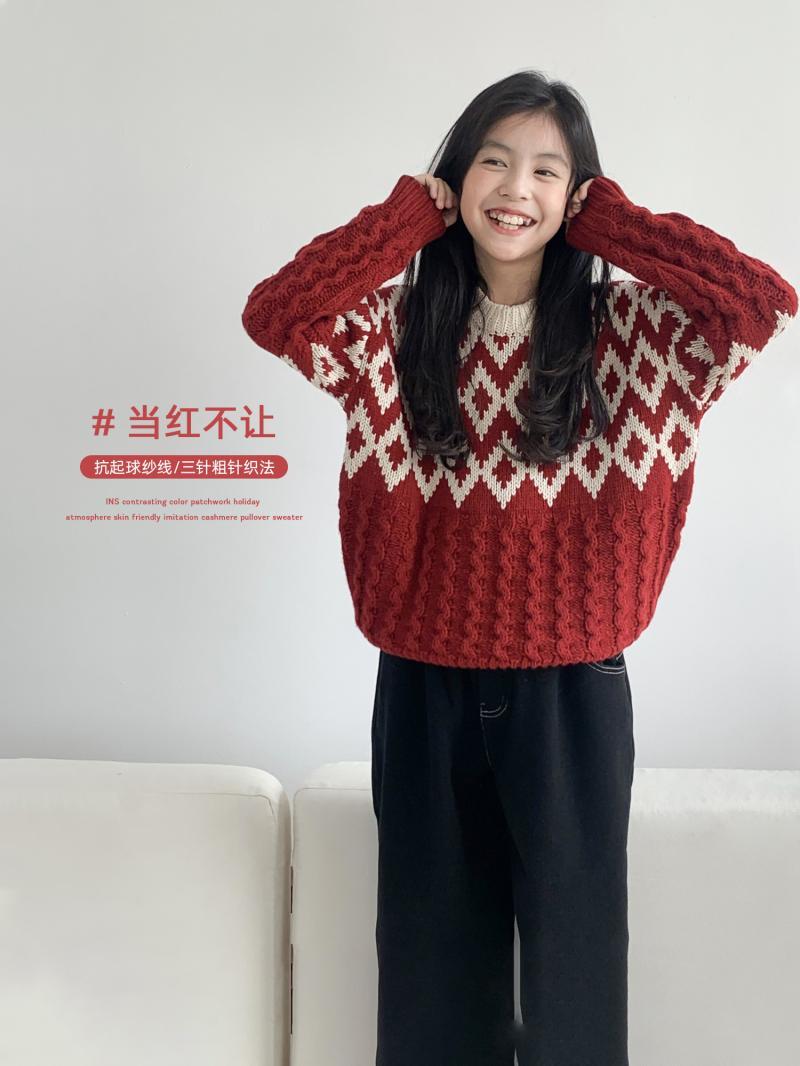 巴拉推荐酒红色圣诞新年女童毛衣2024新款秋冬装儿童针织衫拜年毛