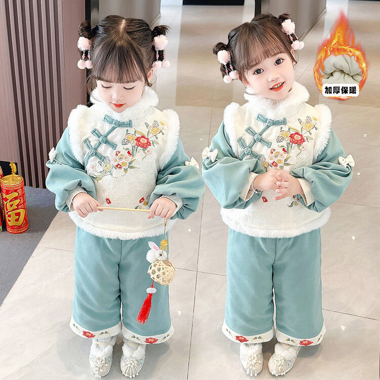 巴拉推荐汉服女童冬季加绒裤子套装两件套小女孩中国风唐装古风仙