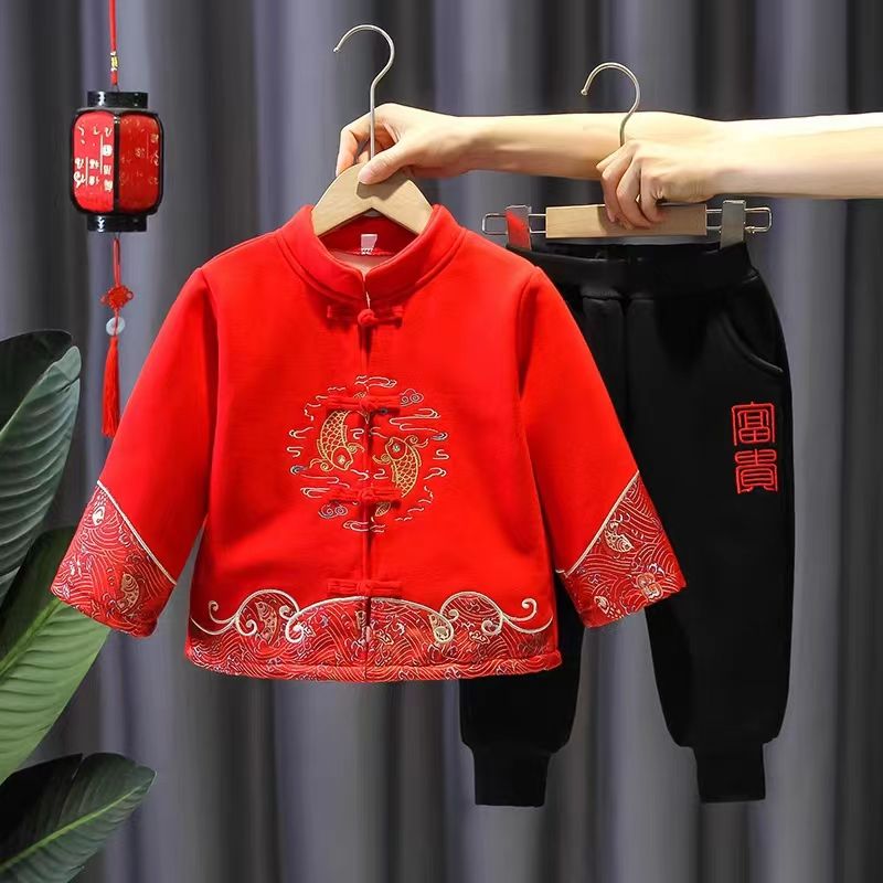巴拉推荐男童汉服周岁礼服男宝秋冬装加绒加厚过年喜庆拜年服儿童