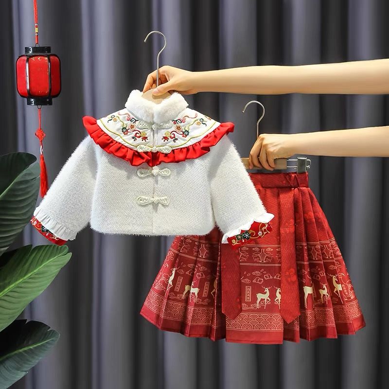巴拉推荐汉服儿童加绒加厚唐装两件套女童冬季拜年服宝宝中国风马