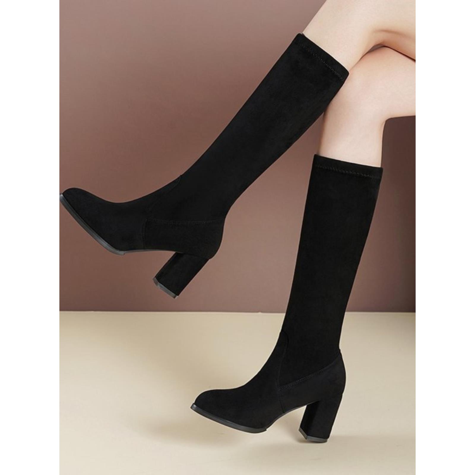 不过膝长筒靴显瘦2023年秋冬新款保暖瘦瘦靴绒面粗高跟及膝靴