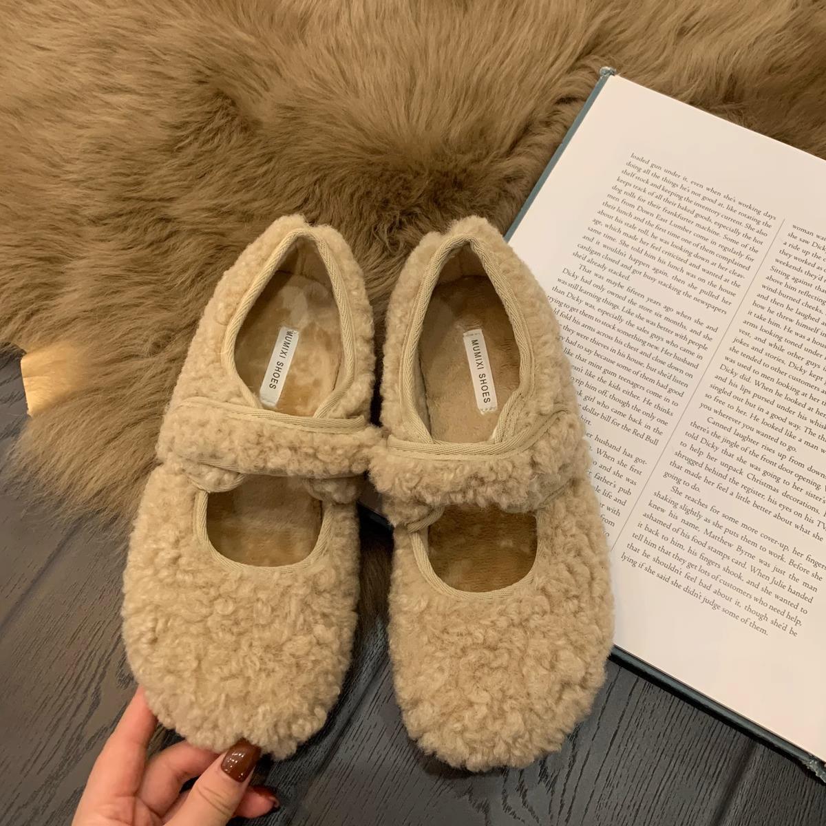 毛毛鞋女加绒外穿2023秋冬新款魔术贴保暖羔毛豆豆棉鞋