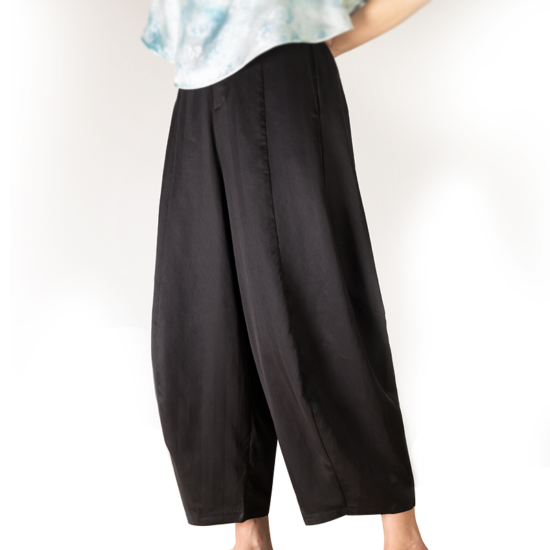 【慕清】复古中国风百搭宽松新中式桑蚕丝九分松紧腰阔腿裤萝卜裤