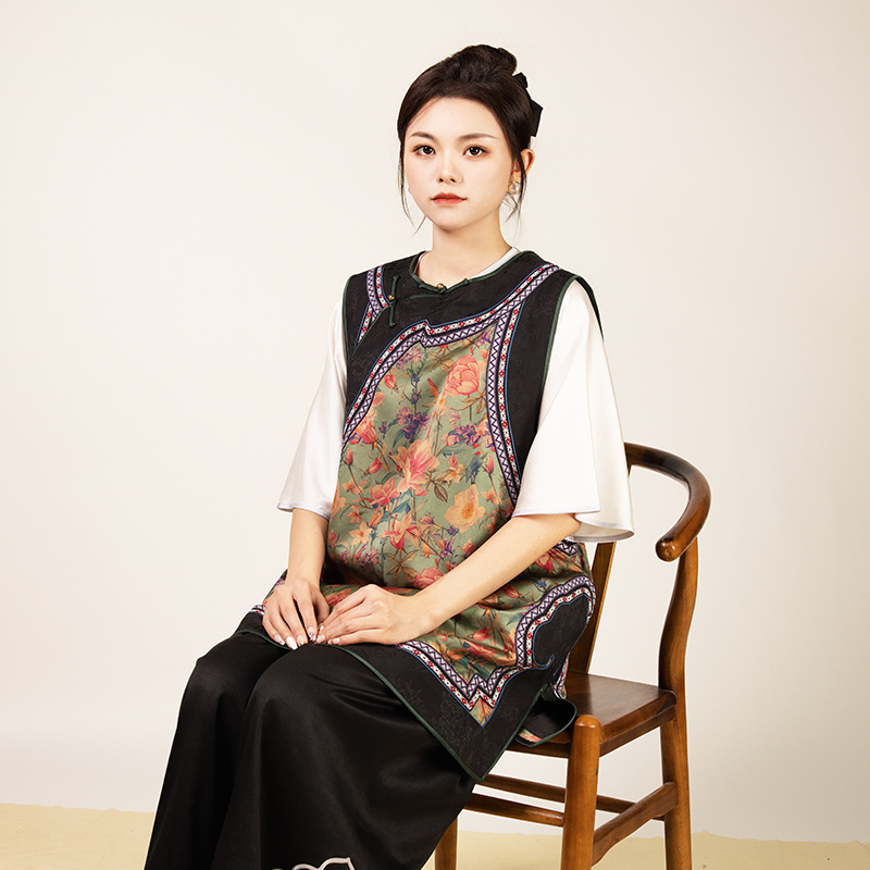 【青姬】香云纱桑蚕丝复古新中式传统盘扣时尚无袖提花国风马甲